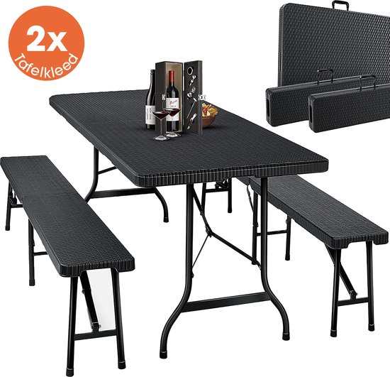 Lenx Klaptafel met 2 Klapbanken - 3 in 1 Set - Inklapbare tafel - 180x75x74cm - Opvouwbare Tuintafel - Vouwtafel - Inclusief handvat en 2 tafelkleden - 6 tot 8 Personen van Lenx