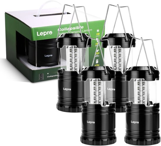 LEPRO Kampeerlamp Set 4 Stuks - Opvouwbare Tentlamp op Batterijen - IPX4 Waterdicht - 140 Lumen