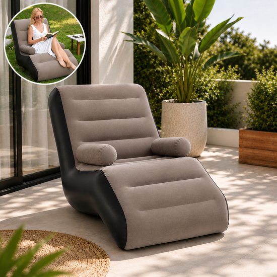 Lersko - Opblaasbare Loungestoel - S-Vormig Design - Grijze Pluche Bekleding - Met Armleuningen - Voor Binnen & Buiten