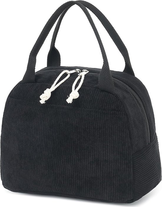 Leuke corduroy lunchtas voor mannen en vrouwen, herbruikbare geïsoleerde lunchbox, grote inhoud, geschikt voor werk, picknicks of reizen (zwart). van Merkloos