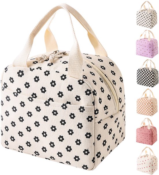 Leuke geïsoleerde lunchtas – Dames & Kinderen – Draagbaar en Multifunctioneel – Bloemenpatroon – Beige van Merkloos