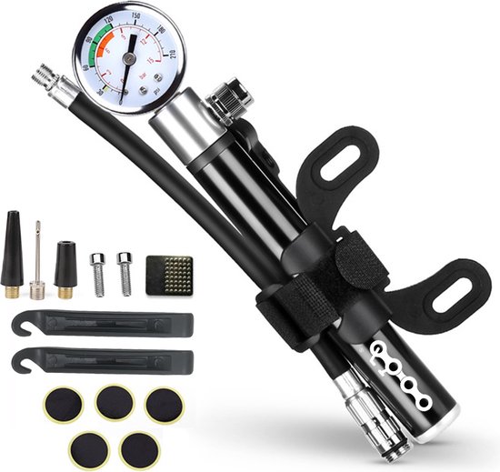 LHP Fietspomp Mini - Analoog Drukmeter - Inclusief Naaldventiel en Fietsbandreparatieset van LHP