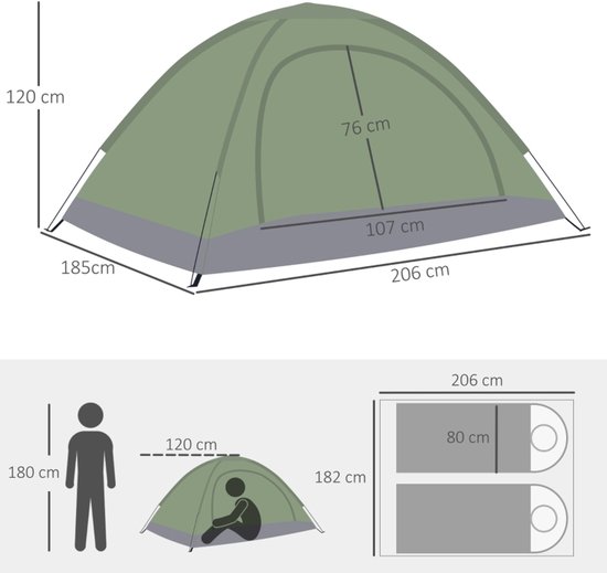 Lichte Campingtent 2-Persoons 206x185x120cm Donkergroen Waterdicht met Raam Deur 8 Grondankers voor Trekking