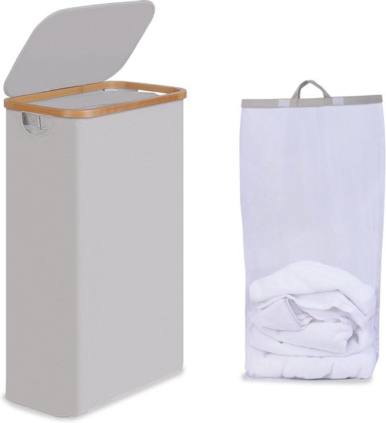 Lichte grijze wasmand met deksel en bamboe handgrepen - 75 liter, opvouwbaar en met wasbare binnenzak