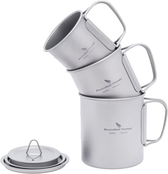 Lichte Titanium Mok voor Camping en Koffie - 200ml/300ml/450ml met Deksel en Vouwbare Handgreep, Ideaal voor Buiten, Binnen en Op Reis
