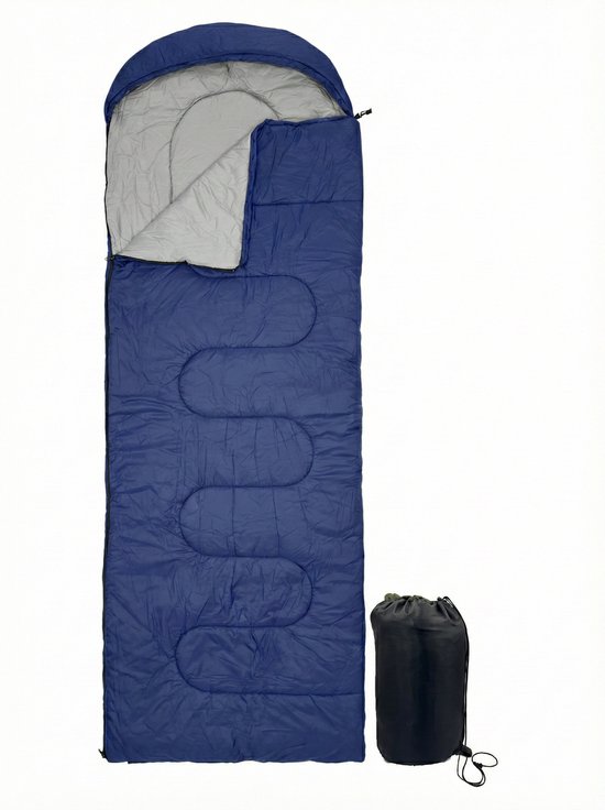 Lichtgewicht Slaapzak 1.5kg voor Volwassenen - Compacte Envelop Slaapzak met Capuchon - 220x75 cm - Waterafstotend 380T Nylon - 4 Seizoenen - Machine Wasbaar - Ideaal voor Kamperen, Logeren & Wandelen - 2×Wegs Rits Inclusief Compressiezak - Blauw van Merkloos