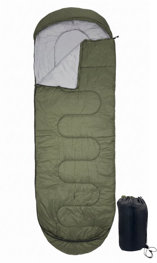 Lichtgewicht Slaapzak 1.5kg voor Volwassenen - Compacte Envelop Slaapzak met Capuchon - 220x75 cm - Waterafstotend 380T Nylon - 4 Seizoenen - Machine Wasbaar - Ideaal voor Kamperen, Logeren & Wandelen - 2×Wegs Rits Inclusief Compressiezak -Olijfgroen van Merkloos