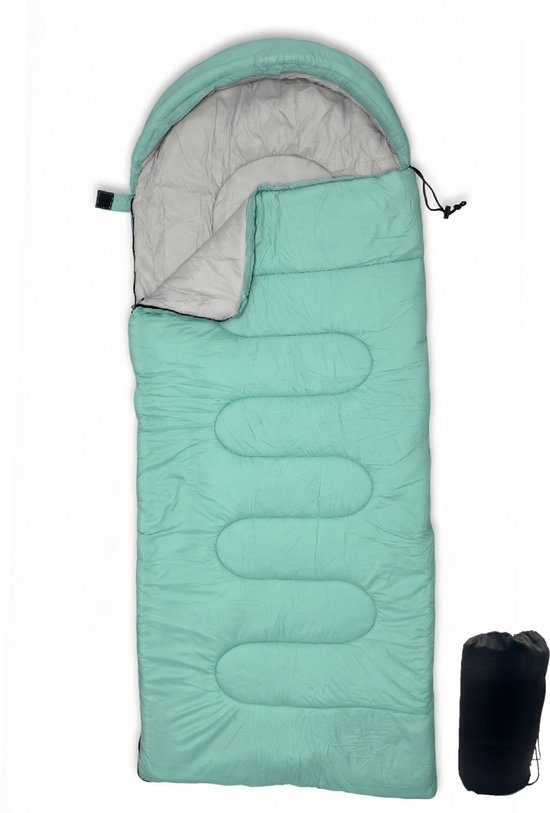 Lichtgewicht Slaapzak 1kg voor Kinderen - Compacte Envelop Slaapzak met Capuchon - 170x70 cm - Waterafstotend 380T Nylon - 4 Seizoenen - Machine Wasbaar - Ideaal voor Kamperen, Logeren & Wandelen - 2×Wegs Rits Inclusief Compressiezak - Muntgroen van Merkloos