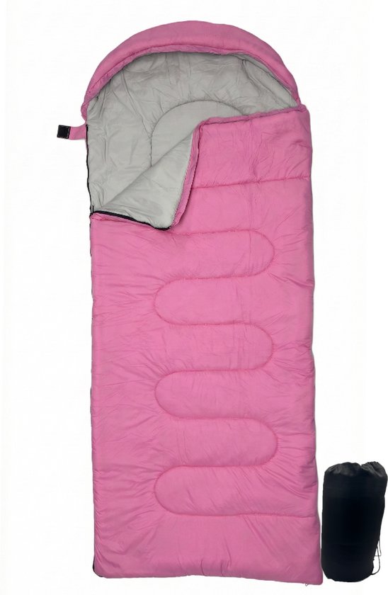 Lichtgewicht Slaapzak 1kg voor Kinderen - Compacte Envelop Slaapzak met Capuchon - 170x70 cm - Waterafstotend 380T Nylon - 4 Seizoenen - Machine Wasbaar - Ideaal voor Kamperen, Logeren & Wandelen - 2×Wegs Rits Inclusief Compressiezak - Roze van Merkloos