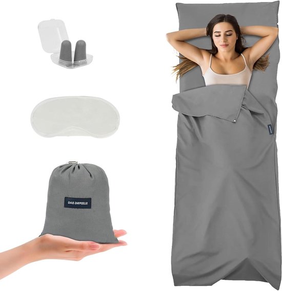 Lichtgewicht Slaapzak Laken - Reis Laken - Comfortabel Slapen - Met Kussencompartiment - 210x75cm - Grijs