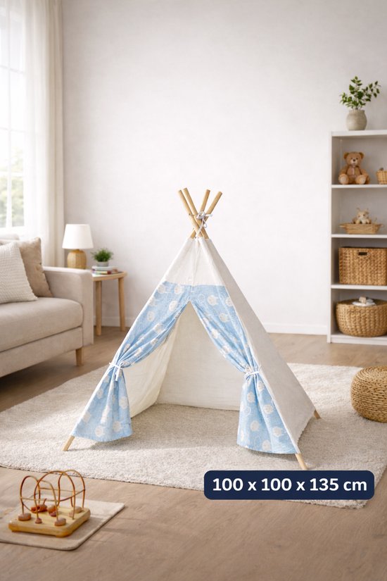 Lichtgewicht Tipi Tent - Wigwam tent voor Binnen - Decoratie voor de kinderkamer - Speeltent Blauw/Wit - 100x100x135 cm