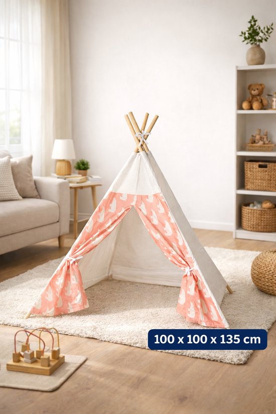 Lichtgewicht Tipi Tent – Wigwam tent voor Binnen – Decoratie voor de kinderkamer - Speeltent Roze/Wit - 100x100x135 cm