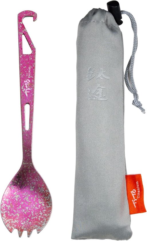 Lichtgewicht Titanium Vork Lepel 3-in-1 Spork met Flesopener - Outdoor Camping Bestek met Trekkoordzakje