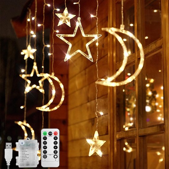 Lichtsnoer Voor Buiten - 3,5 Meter - Afstandsbediening - Met sterren en maan - Camping Decoratieve Lichtsnoer - Camping Lichtsnoer - Lichtslinger - Sfeerverlichting Buiten en Binnen - Prikkabel - Tuinverlichting - Lampjes Slinger - USB/batterijen