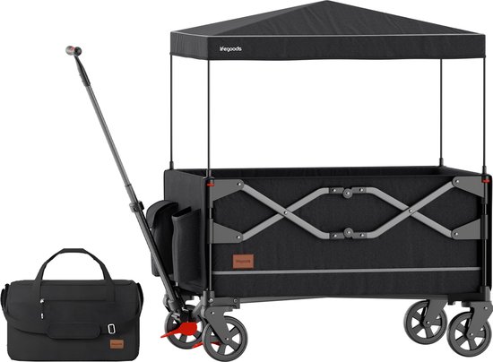 LifeGoods Bolderkar - Opvouwbaar - Kinderenvervoer - Met Dak - 80KG Draagkracht - Strandkar - Draaibare Wielen - Antraciet van LifeGoods