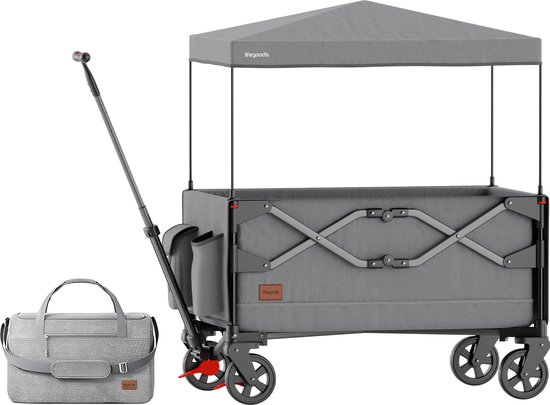 LifeGoods Bolderkar - Opvouwbaar - Kinderenvervoer - Met Dak - 80KG Draagkracht - Strandkar - Draaibare Wielen - Grijs van LifeGoods