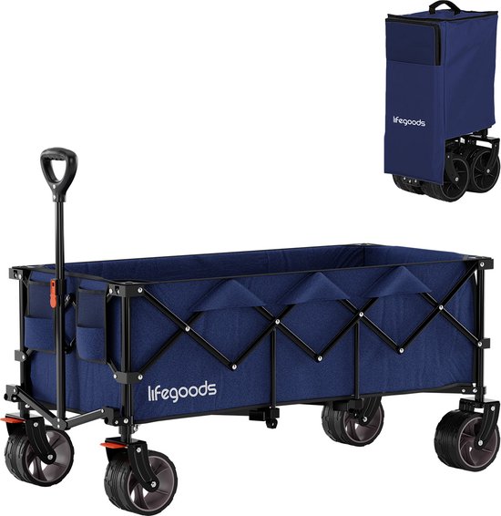 LifeGoods Bolderkar XXL - 300L - Opvouwbaar - 150KG Draagkracht - 97x123x57CM - Inklapbare Bolderwagen met Rem en Beschermhoes - Blauw