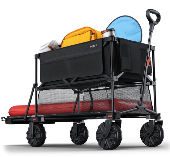 LifeGoods Dubbele Bolderkar - 400L - Opvouwbaar - 200KG - Uitklapbaar - Met Beschermhoes - Bolderwagen - Zwart