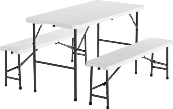 LifeGoods Inklapbare Picknickset - 124cm x 61,5cm - Tuintafel met 2 Banken - Weerbestendig - Campingtafel - Biertafel Opklapbaar - Voor Binnen en Buiten - Voor 4 tot 6 Personen - Wit van Merkloos