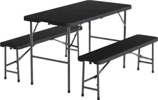 LifeGoods Inklapbare Picknickset - 124cm x 61,5cm - Tuintafel met 2 Banken - Weerbestendig - Campingtafel - Biertafel Opklapbaar - Voor Binnen en Buiten - Voor 4 tot 6 Personen - Zwart van Merkloos