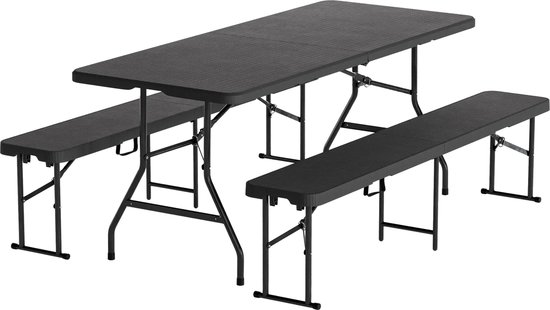 LifeGoods Inklapbare Picknickset - 180cm x 74cm - Tuintafel met 2 Banken - Weerbestendig - Campingtafel - Biertafel Opklapbaar - Voor Binnen en Buiten - Voor 6 tot 8 Personen - Rattan Zwart van Merkloos