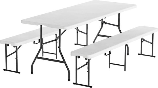 LifeGoods Inklapbare Picknickset - 180cm x 74cm - Tuintafel met 2 Banken - Weerbestendig - Campingtafel - Biertafel Opklapbaar - Voor Binnen en Buiten - Voor 6 tot 8 Personen - Wit van Merkloos