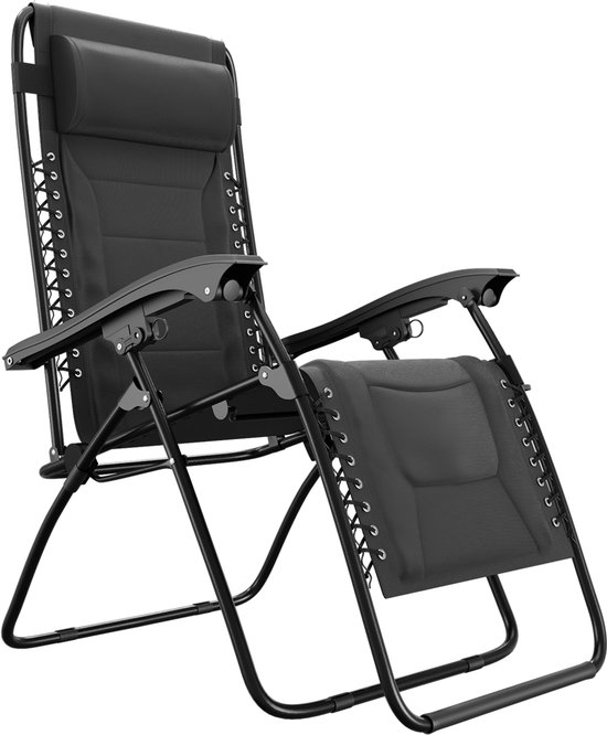 LifeGoods Ligstoel Comfort - Opvouwbaar - 30°-90° Verstelbaar - Beker en Telefoonhouder - Tuinstoel - Zwart van LifeGoods