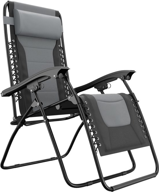LifeGoods Ligstoel Comfort - Opvouwbaar - 30°-90° Verstelbaar - Beker en Telefoonhouder - Tuinstoel - Zwart/Grijs van Merkloos
