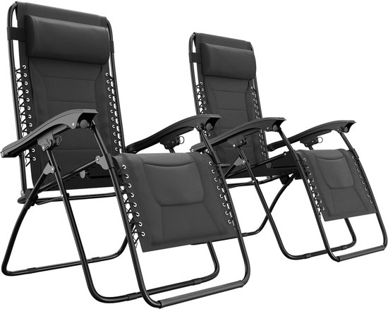 LifeGoods Ligstoelen Comfort - Opvouwbaar - 30°-90° Verstelbaar - Beker en Telefoonhouder - Tuinstoelen - Zwart van LifeGoods