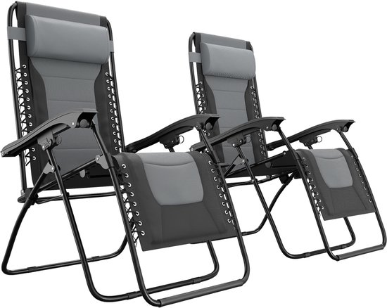 LifeGoods Ligstoelen Comfort - Opvouwbaar - 30°-90° Verstelbaar - Beker en Telefoonhouder - Tuinstoelen - Zwart/Grijs van LifeGoods