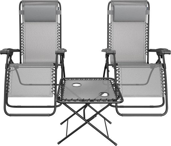 LifeGoods Ligstoelen - Opvouwbaar - Complete set - Met Bijzettafel - 30°-90° Verstelbaar - Tuinstoelen - Metaal - Grijs van Merkloos