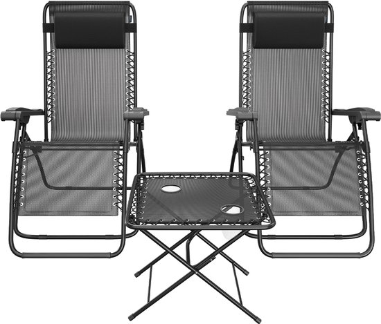 LifeGoods Ligstoelen - Opvouwbaar - Complete set - Met Bijzettafel - 30°-90° Verstelbaar - Tuinstoelen - Metaal - Zwart van LifeGoods