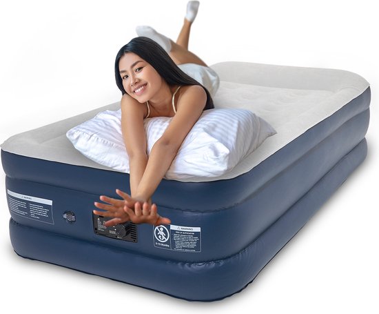 LifeGoods Luchtbed - 1 Persoons - met Ingebouwde Pomp - Incl. Draagtas en Reparatiekit - Blauw/Wit van LifeGoods