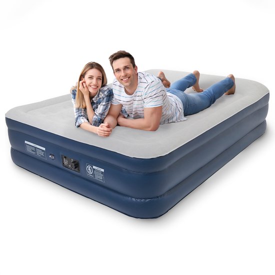 LifeGoods Luchtbed - 2 Persoons - met Ingebouwde Pomp - Incl. Draagtas en Reparatiekit - Blauw/Wit van LifeGoods