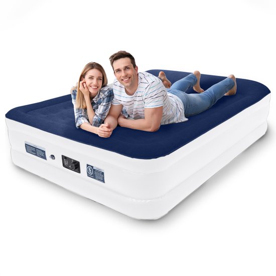 LifeGoods Luchtbed - 2 Persoons - met Ingebouwde Pomp - Incl. Draagtas en Reparatiekit - Wit/Blauw van LifeGoods