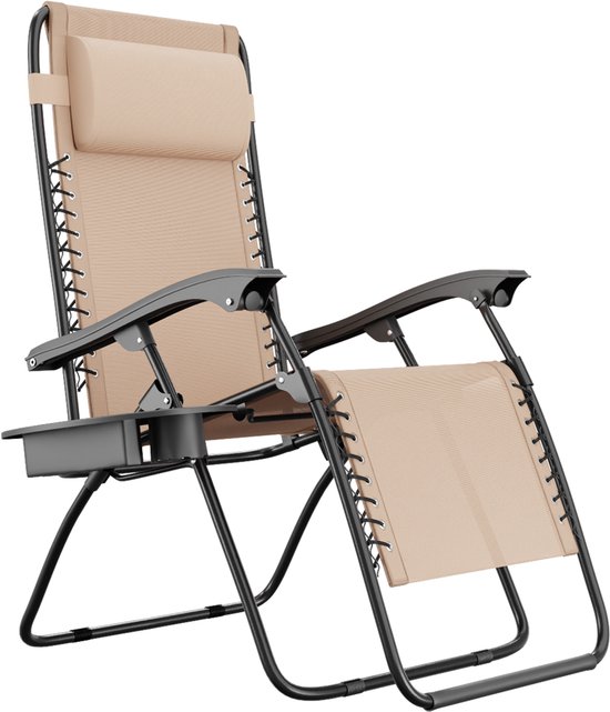 LifeGoods Opvouwbare Tuinstoel - Ligstoel Tuin - 30°-90° Verstelbaar - Metaal - Beige van LifeGoods