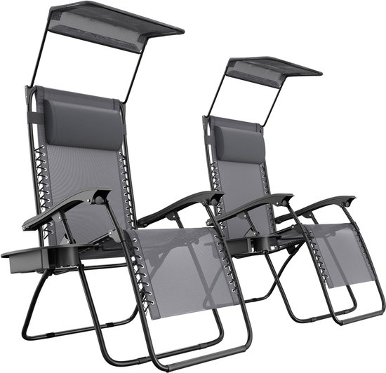 LifeGoods Opvouwbare Tuinstoelen - Verstelbaar Zonnescherm - Ligstoel Tuin - 2 Stuks - 30°-90° Verstelbaar - Metaal - Donkergrijs