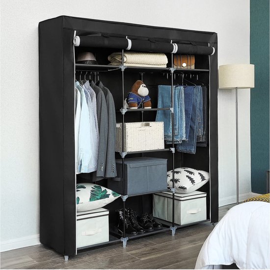 Life's Green KM2Z XXL Opvouwbare Kledingkast – 9 Legplanken en 2 ophangstangen – Stalen Frame met 200kg Draagkracht – Stoffen Garderobekast– Stevige kast kamperen – Ruimtebesparende Kleerkast – Opbergkast – Duurzaam Legkast – 150x45x175CM – Zwart
