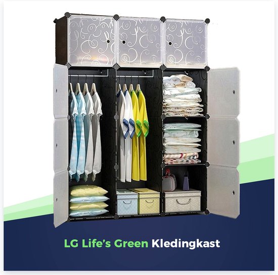 Life's Green Modulaire Opbergkast - 110 x 46,5 x 145 cm - Kast met 12 opslagvakken en 2 ophangstangen - Kunststof Kledingkast - Vakkenkast - Zwart