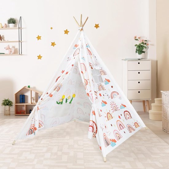 LifeStages® Tipi-tent voor kinderen met dennenpaal en houtstabilisatie en schattige patronen, kindertent voor binnen en buiten, tent kinderkamer, speeltent voor meisjes en jongens, Boheems, regenboog, van Little Dove