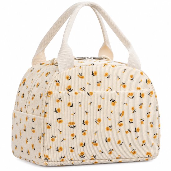 Lifhelpe Lunchtas met Isolatie – Grote Corduroy Lunchbox Tas met Voorvak – Herbruikbare Koeltas voor Werk, Picknick en Reizen – 25,4 × 19 × 19 cm – Crème met Gele Bloemen van Lifhelpe