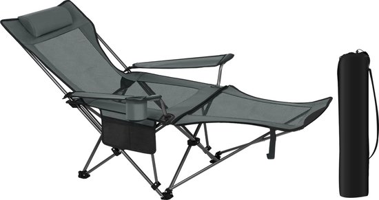 Ligstoel - Ligbed - Camping Stoel - Luxe Ligstoel - Loungestoel - Stoel voor Buiten - Klapstoel Camping - Opvouwbaar - Met Afneembare Voetsteun - Incl Bekerhouder - Incl Draagtas - Verstelbare Rugleuning - Grijs van MaxxGarden