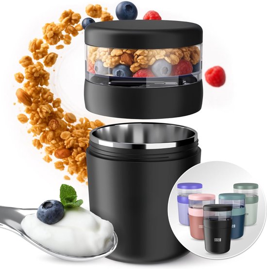 Lìon® Yoghurt Beker To Go - Yoghurt en Muesli Beker To Go - Yoghurt Beker To Go met Lepel - Zwart - 10cm x 10cm x 10cm