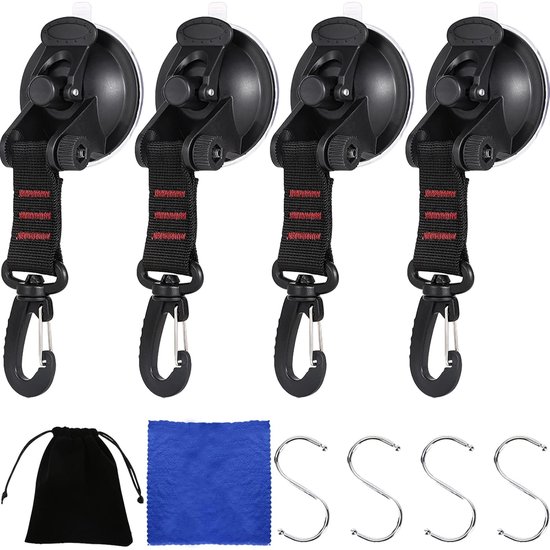 LISM-Campingset met zuignappen, inclusief 4 zuignaphaken, 4 S-haken en extra sterke, multifunctionele zuignappen Geschikt voor auto-afdekkingen, tenten en campers.