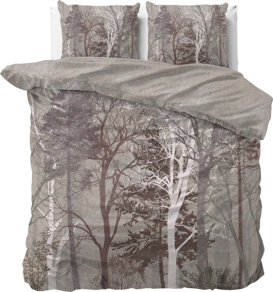 Lits-jumeaux dekbedovertrek (dekbed hoes) taupe – bruin met bomen, takken, bladeren, dennenbomen in bos / natuur (contour) KATOEN 240 x 220 cm (TOP kwaliteit luxe beddengoed slaapkamer, cadeau idee Sint & Kerst)) van Présence.