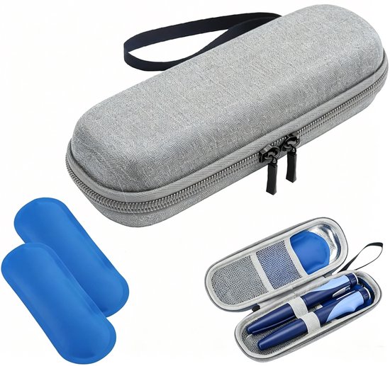 Lnsuline Koeltas- met 2 Koelelementen - Tas Medische Etui voor Insulinepennen - Waterdichte en Thermisch Isolerende Medicijnen Koeltas voor op Reis en Kamperen - Compact Medicatjetasje -grijs