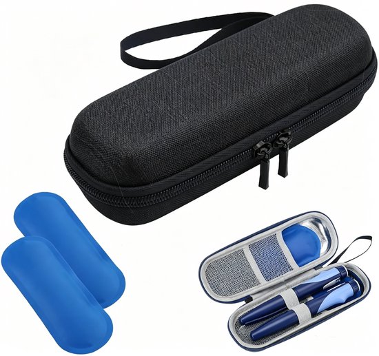 Lnsuline Koeltas- met 2 Koelelementen - Tas Medische Etui voor Insulinepennen - Waterdichte en Thermisch Isolerende Medicijnen Koeltas voor op Reis en Kamperen - Compact Medicatjetasje -zwart
