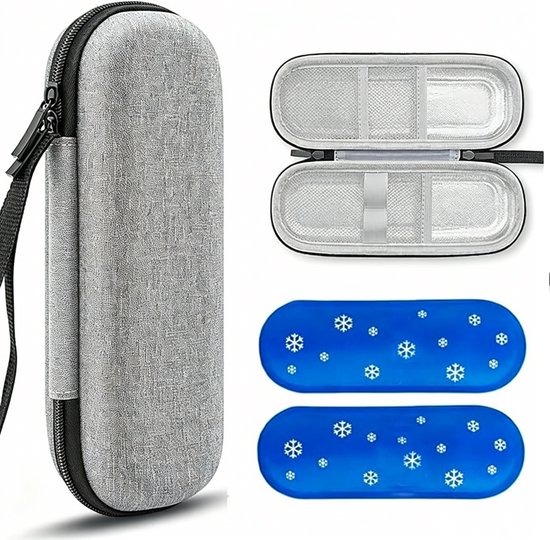 Lnsuline Koeltas- Tas Medische Etui voor Insulinepennen - Waterdichte en Thermisch Isolerende Medicijnen Koeltas voor op Reis en Kamperen - Compact Medicatjetasje -Inclusief 2 koelelementen van 90g- grijs