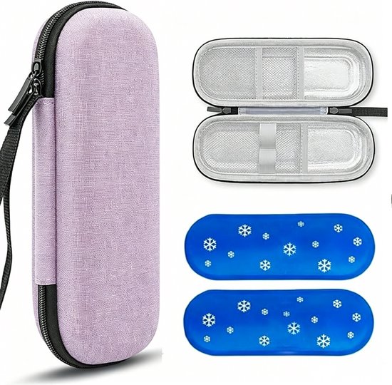 Lnsuline Koeltas- Tas Medische Etui voor Insulinepennen - Waterdichte en Thermisch Isolerende Medicijnen Koeltas voor op Reis en Kamperen - Compact Medicatjetasje -Inclusief 2 koelelementen van 90g- paars