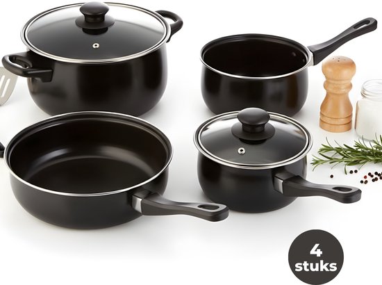 Lomera Camping Pannenset - Koken Tijdens Kamperen - Anti-Aanbaklaag - Geschikt Voor Gas - 4-Delige Pannenset - Braadpan En Koekenpan - Koolstofstaal Materiaal - Kampeer Kookset - Set Camping Pan - Camping Kookgerei van Merkloos